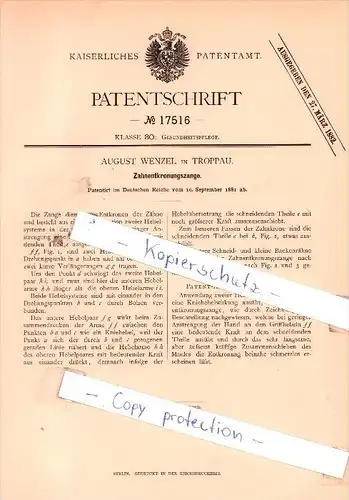 Original Patent - August Wenzel in Troppau / Opava , 1881 , Zahnentkronungszange , Zahnarzt , Arztbesteck !!!