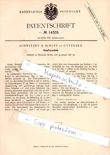 Original Patent - Schwitzky & Schupp in Ottensen b. Hamburg , 1881 , Knopfverschluß !!!