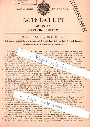 Original Patent - Oscar Busse in Meiderich b. Duisburg , Rhld. , 1905 ,  Antriebsvorrichtung für Formtische !!!