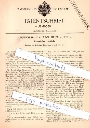 Original Patent -  Heinrich Halt auf der Heide in Berlin , 1891 , Doppel-Federschloß !!!