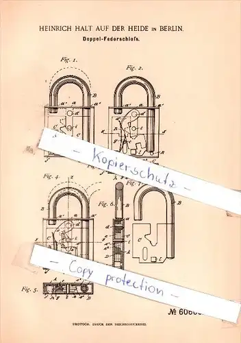 Original Patent -  Heinrich Halt auf der Heide in Berlin , 1891 , Doppel-Federschloß !!!