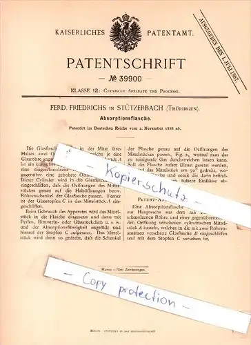 Original Patent - Ferd. Friedrichs in Stützerbach , Thüringen , 1886 , Absorptionsflasche !!!