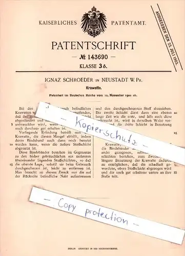 Original Patent -  Ignaz Schroeder in Neustadt / Wejherowo i. Westpr. , 1902 , Krawatte !!!