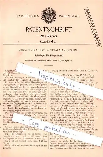 Original Patent - Georg Grauert in Stralau b. Berlin , 1902 , Rollenlager für Hängelampen !!!
