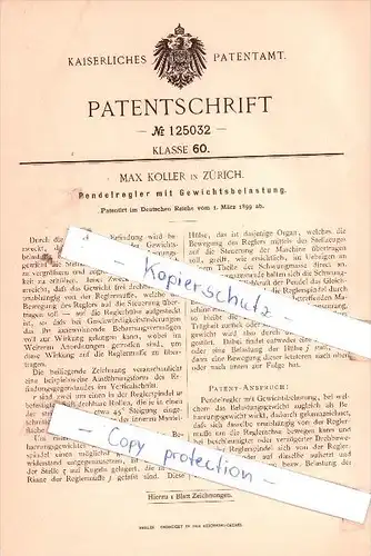 Original Patent - Max Koller in Zürich , 1899 , Pendelregler mit Gewichtsbelastung !!!