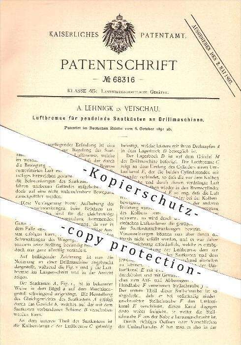 original Patent - Otto von Livonius , Görlitz , 1888 , Drillmaschinen