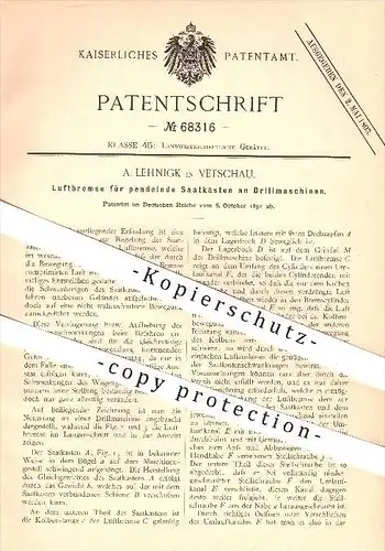 original Patent - A. Lehnigk in Vetschau , 1891 , Luftbremse für Saatkästen an Drillmaschinen , Landwirtschaft , Drillen