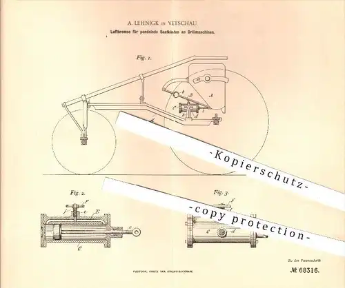 original Patent - A. Lehnigk in Vetschau , 1891 , Luftbremse für Saatkästen an Drillmaschinen , Landwirtschaft , Drillen