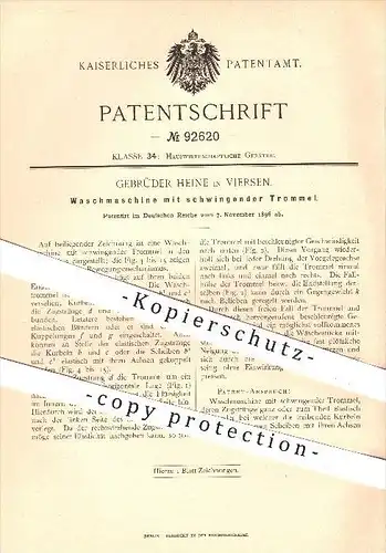original Patent - Gebrüder Heine , Viersen , 1896 , Waschmaschine mit schwingender Trommel , Waschen , Wäsche , Haushalt