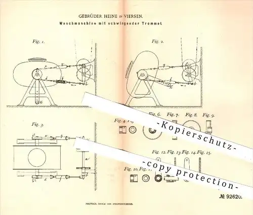 original Patent - Gebrüder Heine , Viersen , 1896 , Waschmaschine mit schwingender Trommel , Waschen , Wäsche , Haushalt