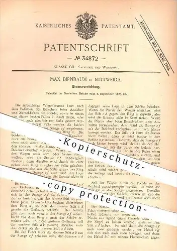 original Patent - Max Birnbaum in Mittweida , 1885 , Bremsvorrichtung , Bremse , Bremsen , Kutschen , Wagen , Wagenbau !