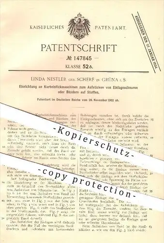 original Patent - Linda Nestler geb. Scherf , Grüna , 1902 , Kurbel - Stickmaschine zum Aufsticken von Band o. Schnur !!