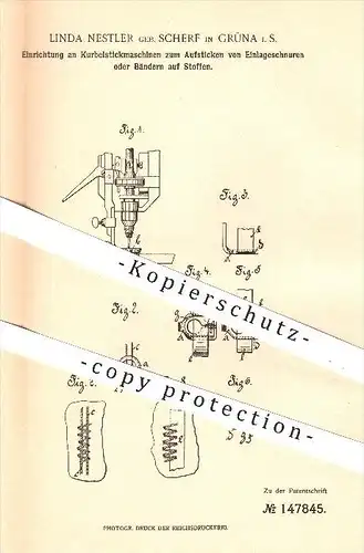 original Patent - Linda Nestler geb. Scherf , Grüna , 1902 , Kurbel - Stickmaschine zum Aufsticken von Band o. Schnur !!