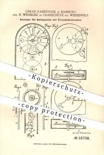 original Patent - O. Radestock , Hamburg & H. Wernicke , Granschütz , 1890 , Anzeiger für Haltepunkte an Bahnstrecken !!