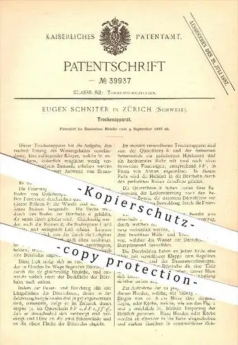 original Patent - Eugen Schniter in Zürich , Schweiz , 1886 , Trockenapparat , Trocknung , Trocknen , Dörren , Feuerung