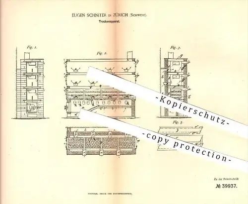 original Patent - Eugen Schniter in Zürich , Schweiz , 1886 , Trockenapparat , Trocknung , Trocknen , Dörren , Feuerung