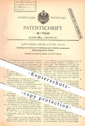original Patent - Alessandro Artom in Turin , Italien , 1905 , Empfänger für elektromagnetische Wellen , Transformator !