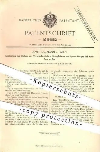 original Patent - Josef Laumann , Wien , 1890 , Sichern des Verschlusszylinders und Abzuges an Handfeuerwaffen , Waffen