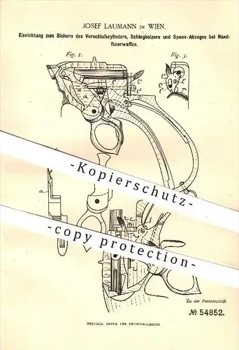 original Patent - Josef Laumann , Wien , 1890 , Sichern des Verschlusszylinders und Abzuges an Handfeuerwaffen , Waffen