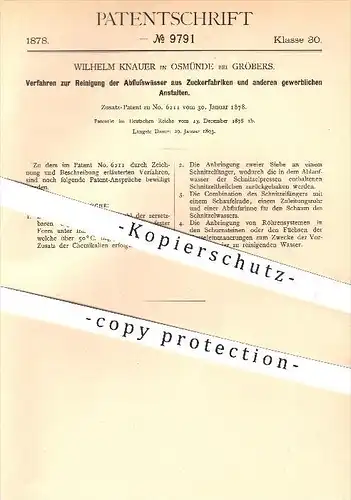original Patent - Wilhelm Knauer , Osmünde , Gröbers , 1878 , Reinigung der Abflusswässer aus Zuckerfabriken , Abwasser