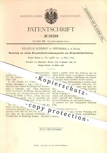 original Patent - Wilhelm Schmidt , Nienburg , Saale , 1884 , Braunkohletrockenapparat zur Brikett - Fakrikation , Kohle