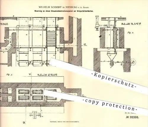 original Patent - Wilhelm Schmidt , Nienburg , Saale , 1884 , Braunkohletrockenapparat zur Brikett - Fakrikation , Kohle
