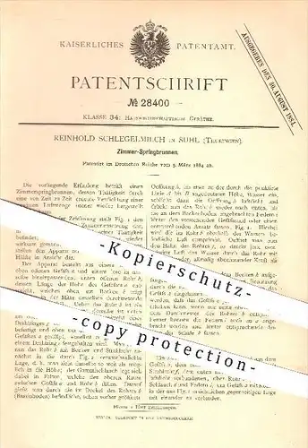 original Patent - Reinhold Schlegelmilch in Suhl , 1884 , Zimmer - Springbrunnen , Brunnen , Wasserspiel , Haushalt !!