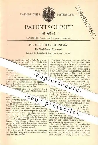 original Patent - Jacob Bührer in Konstanz , 1886 ,  Ziegelofen mit Trocknerei , Ofen , Öfen , Ziegel , Ziegelei !!!