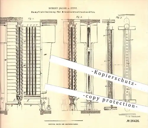 original Patent - Robert Jacobi , Zeitz , 1883 , Dampfrohrheizung für Braunkohlentrockenöfen , Ofen , Öfen , Trocknen !!