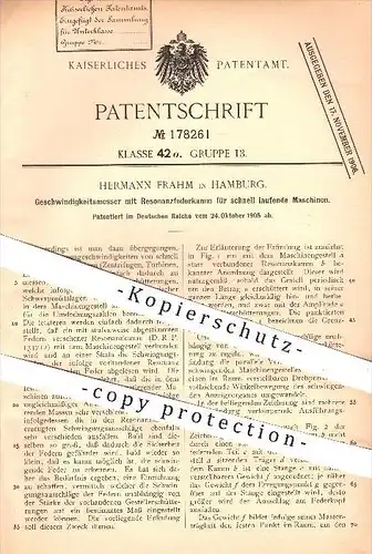 original Patent - Hermann Frahm , Hamburg , Geschwindigkeitsmesser für schnell laufende Maschinen , Motor , Turbinen !!!