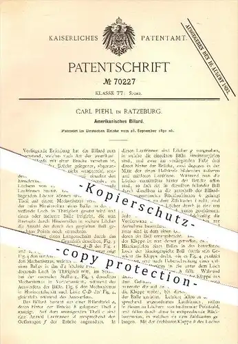 original Patent - Carl Piehl in Ratzeburg , 1892 , Amerikanisches Billard , Billardtisch , Sport , Freizeitsport !!!