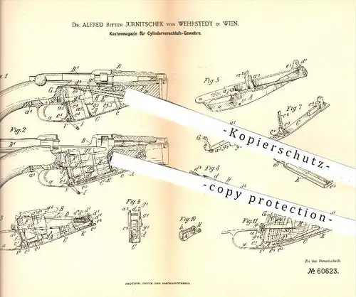 original Patent - Dr. Alfred Ritter Jurnitschek von Wehrstedt , Wien , 1891, Kastenmagazin für Gewehre , Gewehr , Waffen