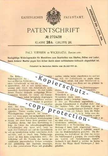 original Patent - Paul Niessen , Wickrath , 1913, Walze für Maschinen zum Bearbeiten von Haut , Fell u. Leder , Gerberei
