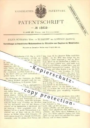 original Patent - Julius Schrap's Wwe. , Russdorf , Limbach , 1881 , franz. Mindermaschinen der Wirkstühle , Wirkstuhl !