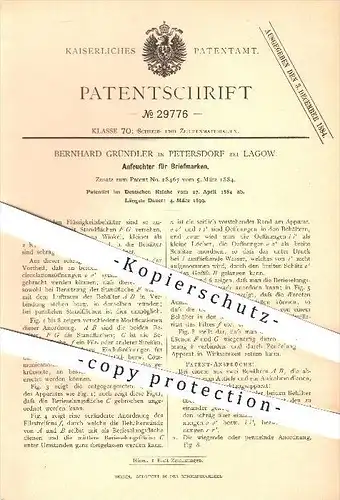 original Patent - Bernhard Gründler in Petersdorf bei Lagow , 1884 , Anfeuchter für Briefmarken , Brief , Briefe , Post