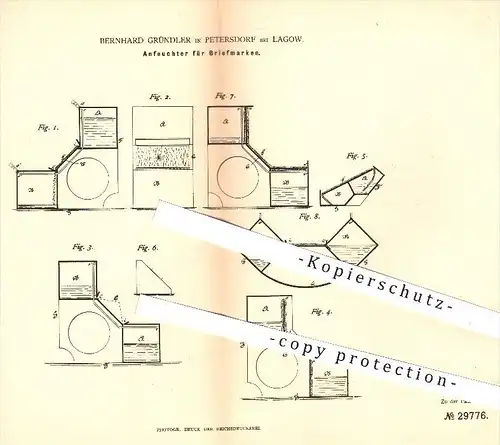 original Patent - Bernhard Gründler in Petersdorf bei Lagow , 1884 , Anfeuchter für Briefmarken , Brief , Briefe , Post