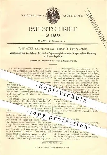 original Patent - F. W. Axel Erdmann u. H. Ruperti in Wismar , 1881 , Expansionsplatten einer Meyer'schen Steuerung !!!