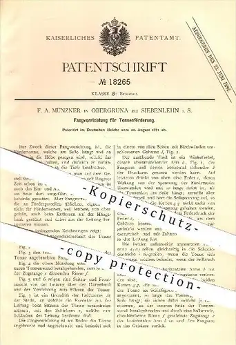 original Patent - F. A. Münzner , Obergruna bei Siebenlehn , 1881 , Fangvorrichtung für Tonnenförderung , Bergbau !!!