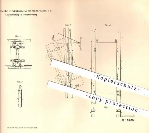 original Patent - F. A. Münzner , Obergruna bei Siebenlehn , 1881 , Fangvorrichtung für Tonnenförderung , Bergbau !!!