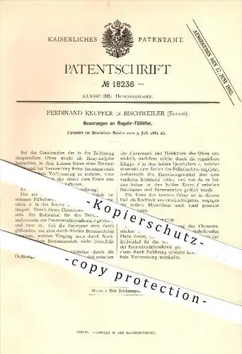 original Patent - Ferdinand Knupfer , Bischweiler , Elsass , 1881 , Regulier - Füllofen , Ofen , Öfen , Ofenbauer !!!