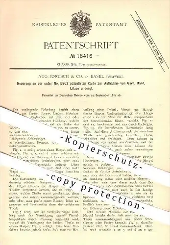 original Patent - Aug. Engisch & Co. in Basel , Schweiz  , 1881 , Karte zur Aufnahme von Garn , Band u. Litze , Papier