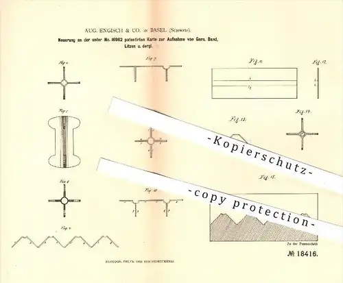 original Patent - Aug. Engisch & Co. in Basel , Schweiz  , 1881 , Karte zur Aufnahme von Garn , Band u. Litze , Papier