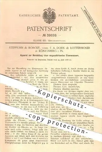 original Patent - Steppuhn & Borcke , E. A. Dorn & Lottermoser , Königsberg ,1886 , magenstärkendes Eisen - Wasser !!!