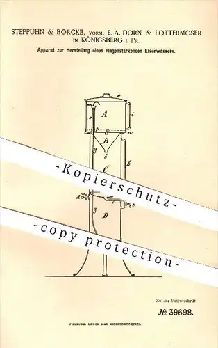 original Patent - Steppuhn & Borcke , E. A. Dorn & Lottermoser , Königsberg ,1886 , magenstärkendes Eisen - Wasser !!!