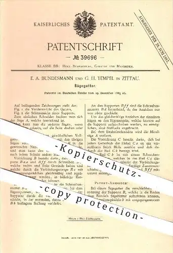 original Patent - E. A. Bundesmann u. G. Tempel , Zittau , 1885 , Säge - Gatter , Sägen , Holz , Forst , Holzbarbeitung