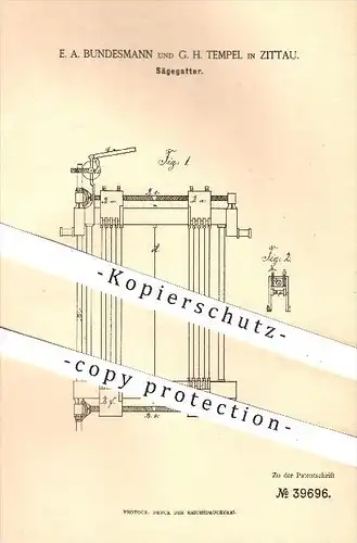 original Patent - E. A. Bundesmann u. G. Tempel , Zittau , 1885 , Säge - Gatter , Sägen , Holz , Forst , Holzbarbeitung