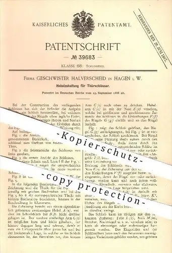 original Patent - Geschwister Halverscheid , Hagen , 1886 , Hebelzuhaltung für Türschlösser , Türschloss , Schloss , Tür