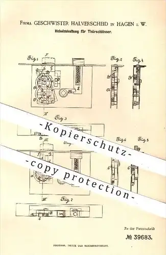 original Patent - Geschwister Halverscheid , Hagen , 1886 , Hebelzuhaltung für Türschlösser , Türschloss , Schloss , Tür