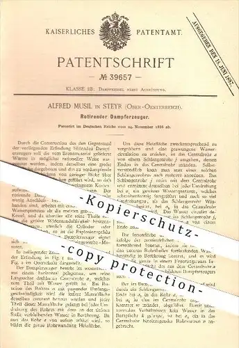 original Patent - Alfred Musil in Steyr , Österreich , 1886 , Rotierender Dampferzeuger , Dampfkessel , Dampf !!!