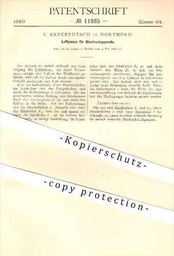 original Patent - C. Ernenputsch in Dortmund , 1880 , Luftpumpe für Bierdruckapparate , Ausschank , Gastronomie , Bier !